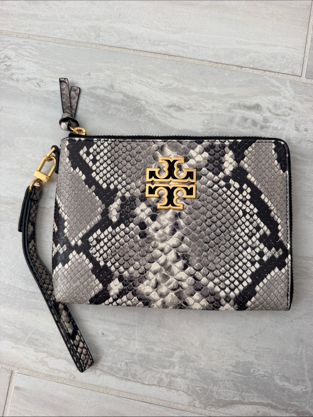Tory Burch Gray Snake-Print Wristlet with Gold Logo